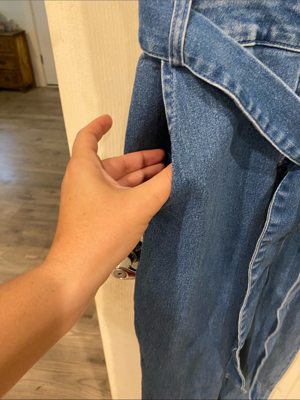Haute Monde Blue Denim Short Sleeve Jumpsuit with Belt - Picture 6 of 9